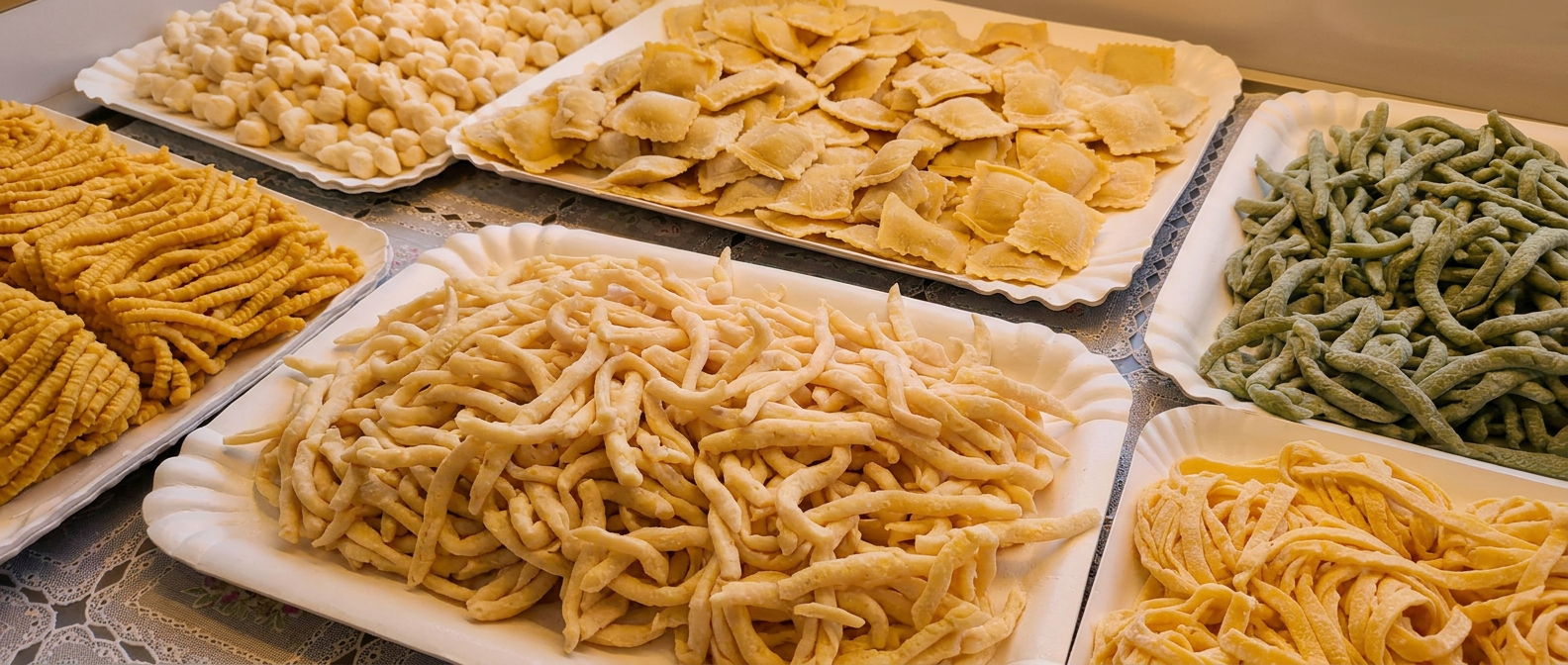 Vassoi di pasta fresca in vetrina: gnocchi, ravioli, strozzapreti, tagliatelle e pasta agli spinaci